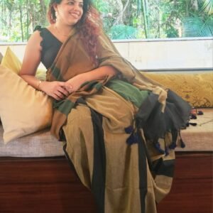 Earthy colorblock cotton saree - Olive and black