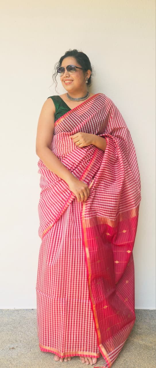 Maheshwari Silk Saree - Gulabi Checks