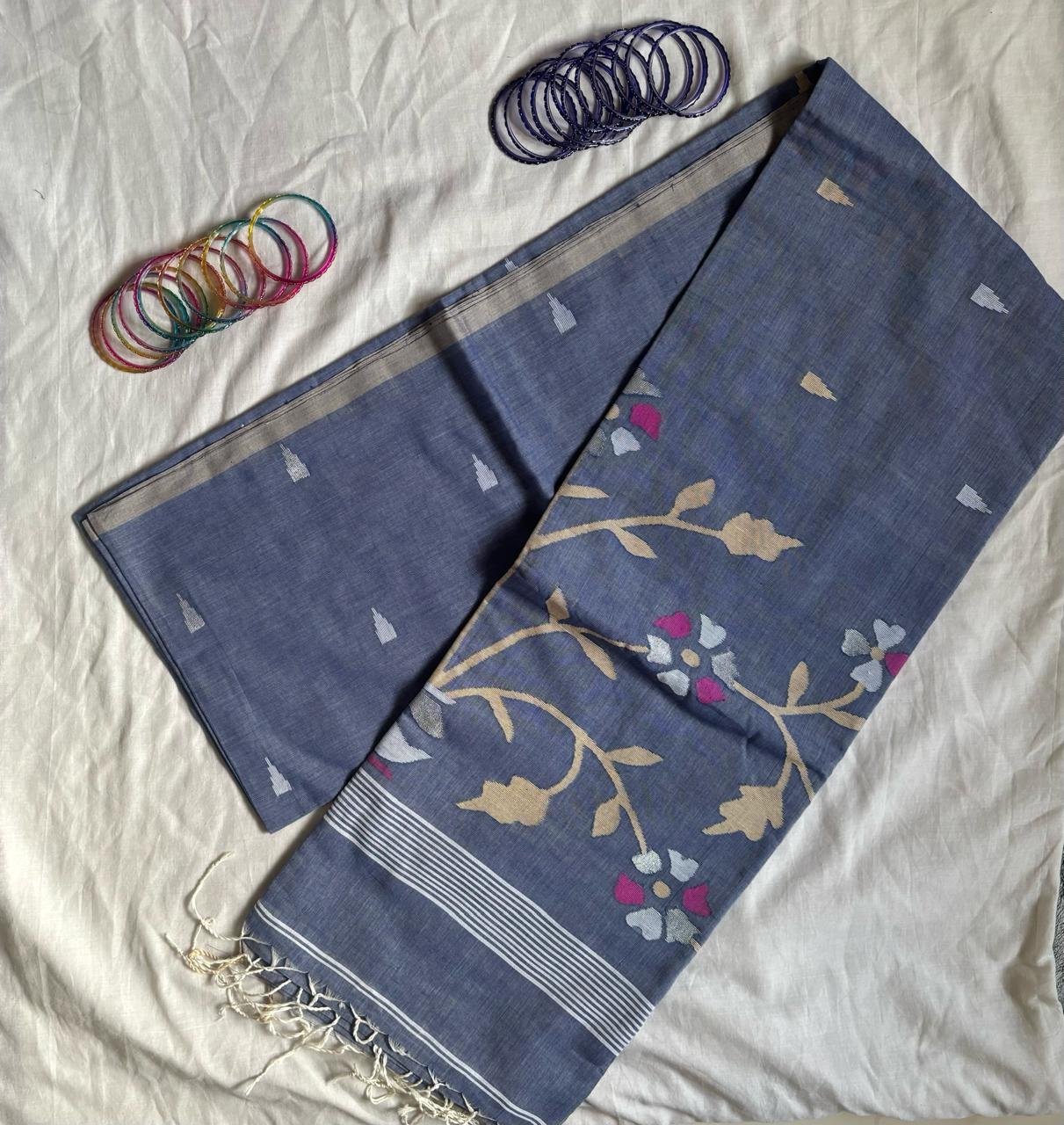 Cotton Needle Jamdani Saree – Dhusarnil